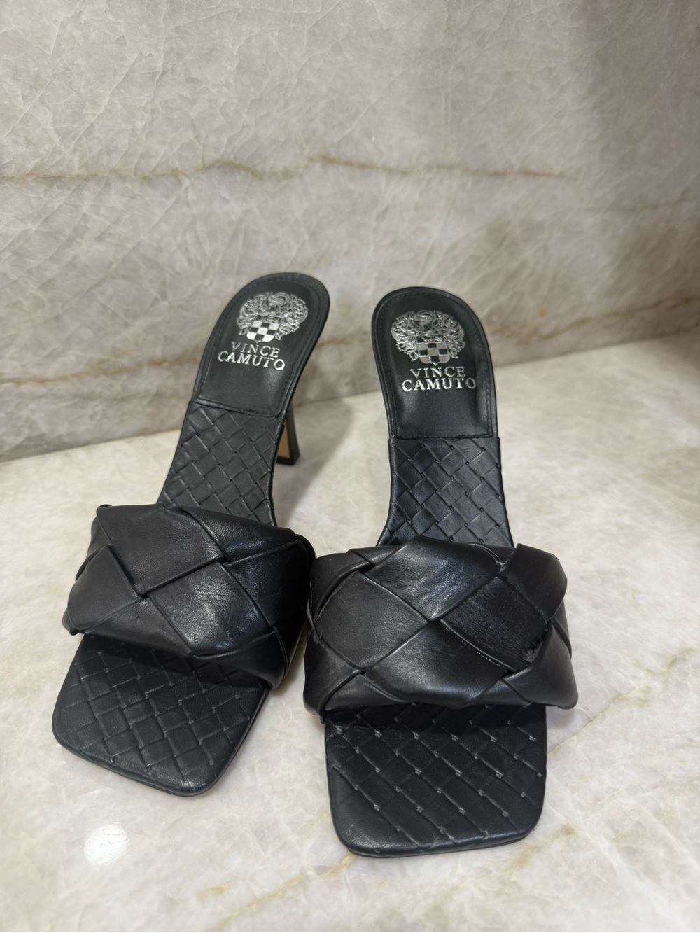 Vince Camuto Black Braided Leather Slide Heels with Square Toe